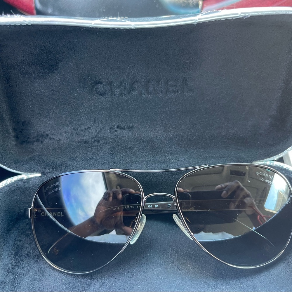 CHANEL Black Aviator Sunglasses with Silver Accents